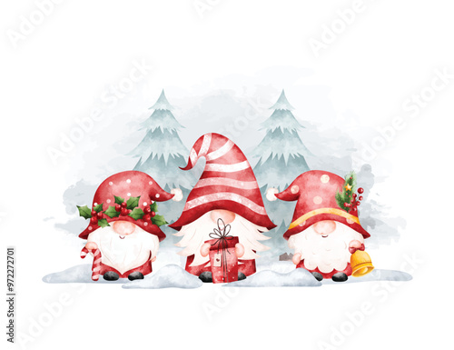Watercolor Illustration Christmas Gnomes and Tree with Christmas Ornaments