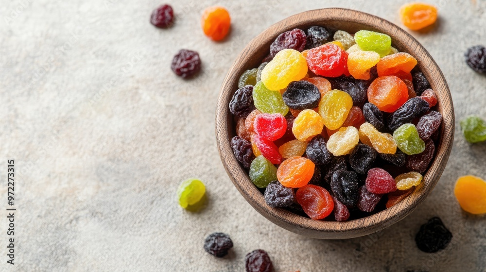 Mixed dried fruits and berries displayed in a small bowl, top view with ample copy space. Mixed dried fruits and berries displayed in a small bowl, top view with ample copy space.