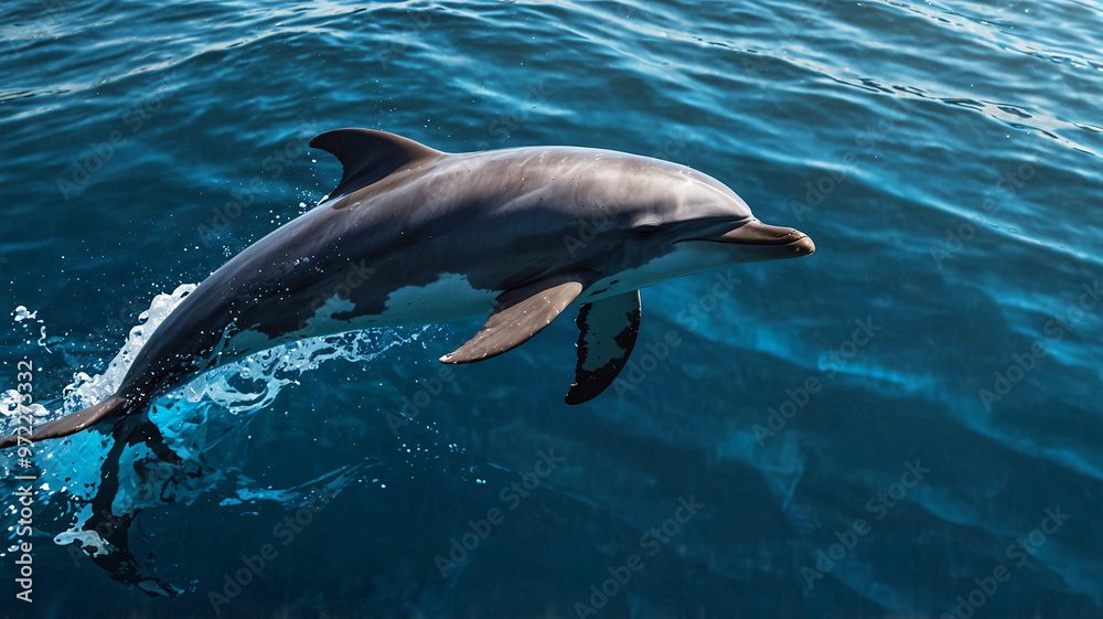 Fototapeta premium A dolphin gracefully swimming and leaping out of the open sea with clear water showcasing its streamlined body and fluid motion.