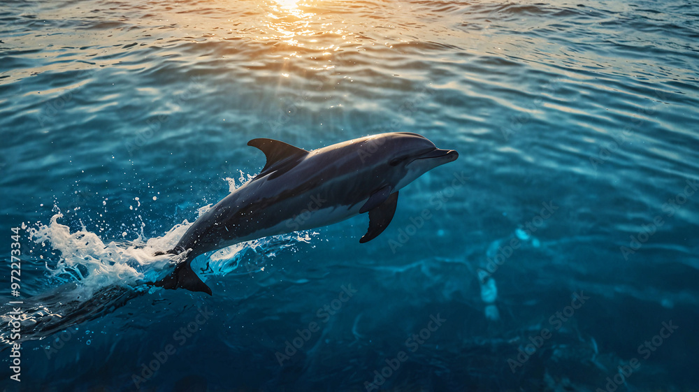 Naklejka premium A single dolphin glides beneath the sun's golden rays cast over the calm ocean waters, creating a peaceful and scenic view.