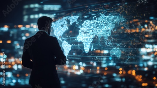 Wallpaper Mural A businessman stands in front of a glowing digital map of the world, representing global connectivity and the future of business. Torontodigital.ca