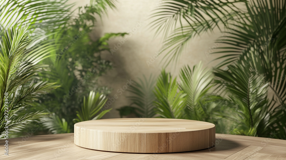 Fototapeta premium Natural wooden platform surrounded by lush greenery in a serene indoor setting