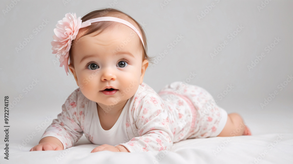 A cute baby girl in a matching floral outfit with a headband offers a sweet, joyful expression, laying on soft bedding. A cute baby girl in a matching floral outfit with a headband offers a sweet, joyful expression, laying on soft bedding.
