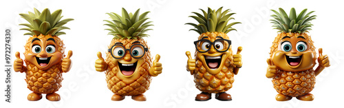 set of 3d cartoon characters of pineapple fruit with thumbs up symbol, isolated on transparent background, generated ai
