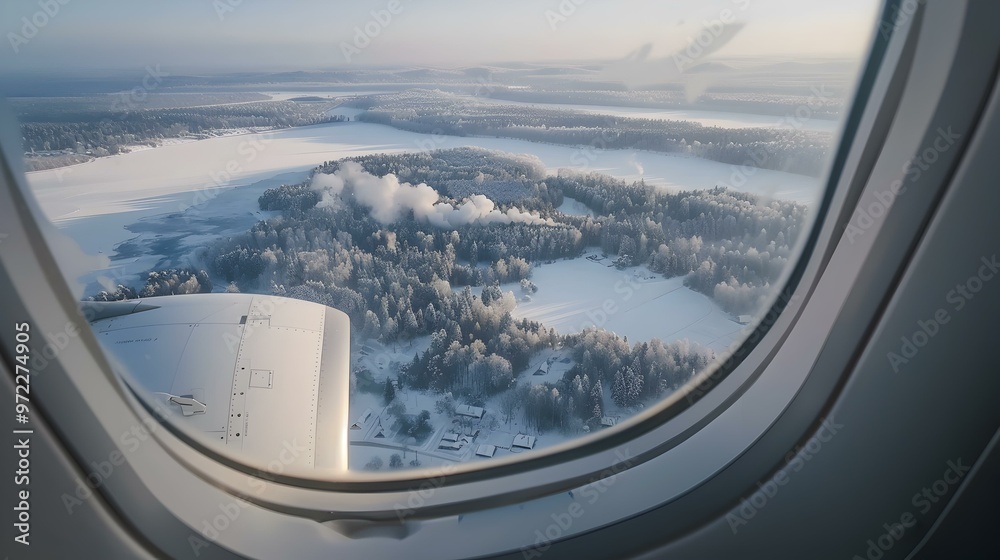 Stunning Aerial View of Snowy Landscape from Airplane Window Stunning Aerial View of Snowy Landscape from Airplane Window