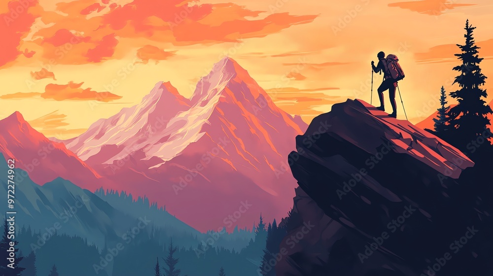 Silhouette of hiker standing on a mountain peak at sunset. Silhouette of hiker standing on a mountain peak at sunset.