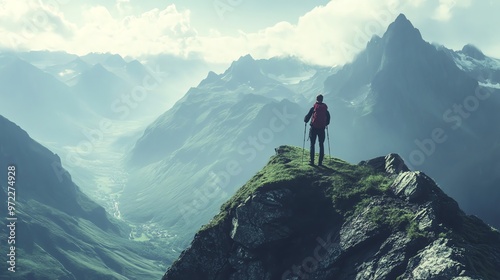 A hiker stands on a mountaintop overlooking a valley.