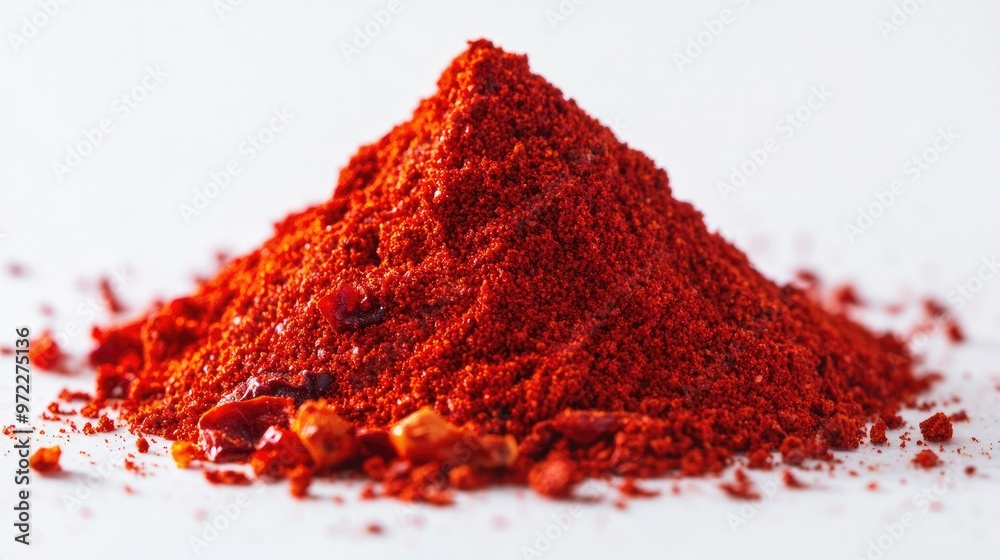 A vibrant red pile of chili powder on a clean white background, emphasizing its bold color and fiery texture A vibrant red pile of chili powder on a clean white background, emphasizing its bold color and fiery texture