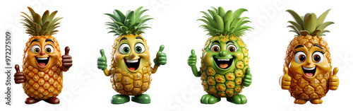 set of 3d cartoon characters of pineapple fruit with thumbs up symbol, isolated on transparent background, generated ai