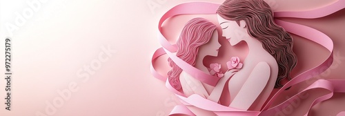 Mother and Daughter Embracing with Pink Ribbon Halo, Symbolizing Love and Support for Breast Cancer
