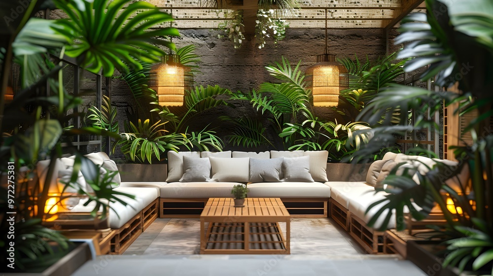 Tropical Garden Patio with Modern Furniture and Lush Greenery Tropical Garden Patio with Modern Furniture and Lush Greenery