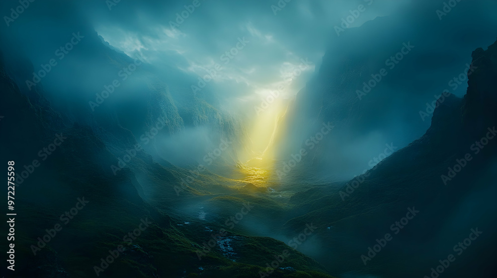 A ray of light pierces through the dense fog and clouds, illuminating a valley surrounded by majestic mountains. A ray of light pierces through the dense fog and clouds, illuminating a valley surrounded by majestic mountains.