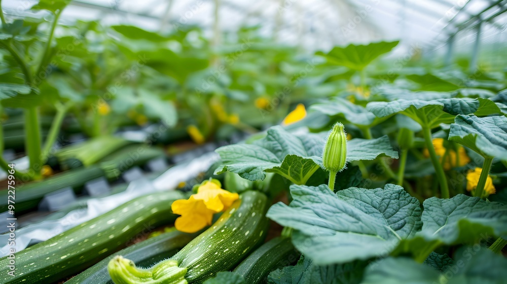 Fototapeta premium Zucchini Plants Growing in a Greenhouse