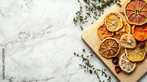 Top view of dried fruit on a cutting board with sprigs of herbs, leaving room for copy space.