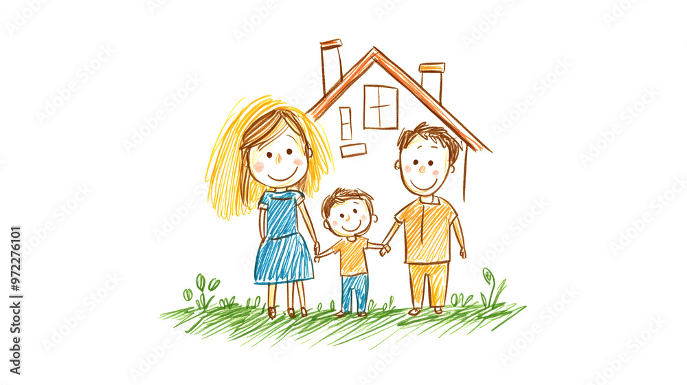 A joyful family stands outside their cozy home, smiling and holding hands in a playful, naive chalk drawing that embodies childhood creativity and warmth A joyful family stands outside their cozy home, smiling and holding hands in a playful, naive chalk drawing that embodies childhood creativity and warmth