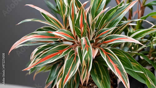 Closeup of a stromanthe triostar houseplant Blood-red stromanta - Stromanthe Triostar Tricolor variety close-up leaf on the windowsill in bright sunlight with shadows. Potted house plants, green home 