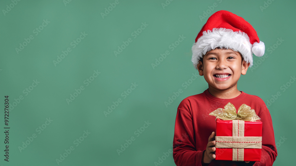 A cute and happy Hispanic boy dressing in red winter clothes, wearing a Santa hat and holding a gift box on a plain green background with copy space for text. A cute and happy Hispanic boy dressing in red winter clothes, wearing a Santa hat and holding a gift box on a plain green background with copy space for text.