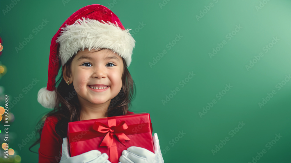 A cute and happy Hispanic girl dressing in red winter clothes, wearing a Santa hat and holding a gift box on a plain green background with copy space for text.