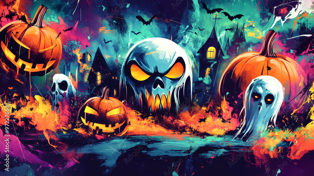 Vibrant Halloween elements like pumpkins and ghosts burst forth in a colorful display, set against a striking background of brush strokes and textures Vibrant Halloween elements like pumpkins and ghosts burst forth in a colorful display, set against a striking background of brush strokes and textures