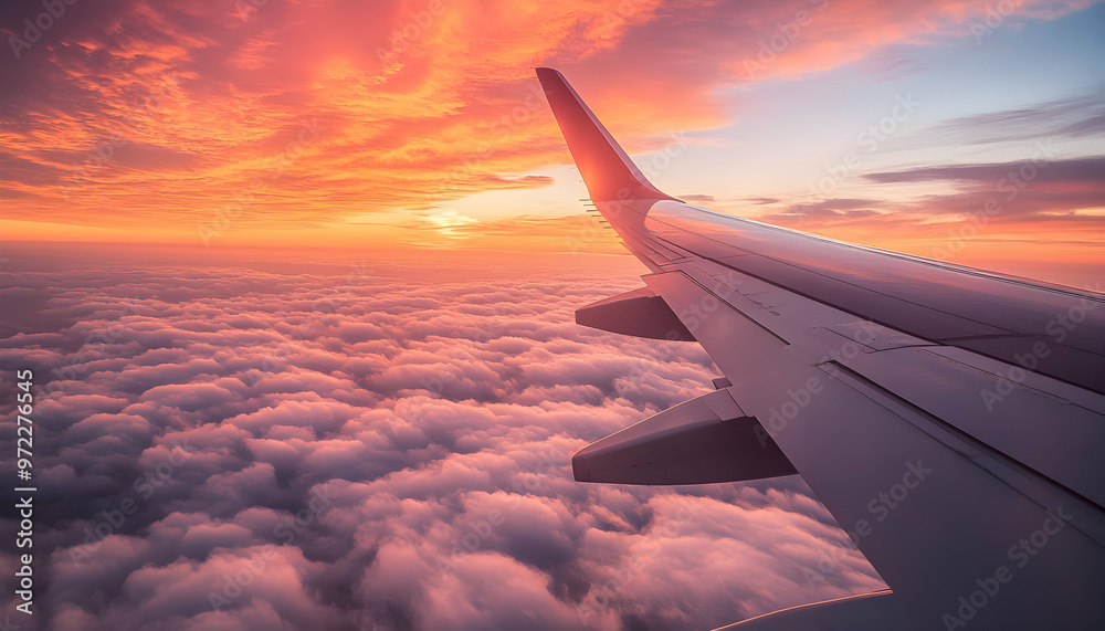 Obraz premium Airplane wing flying above the clouds at sunset with a vibrant sky.