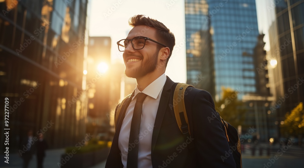 Smiling Young Businessman in Suit with Backpack Walking in City, Sunlit Skyscrapers