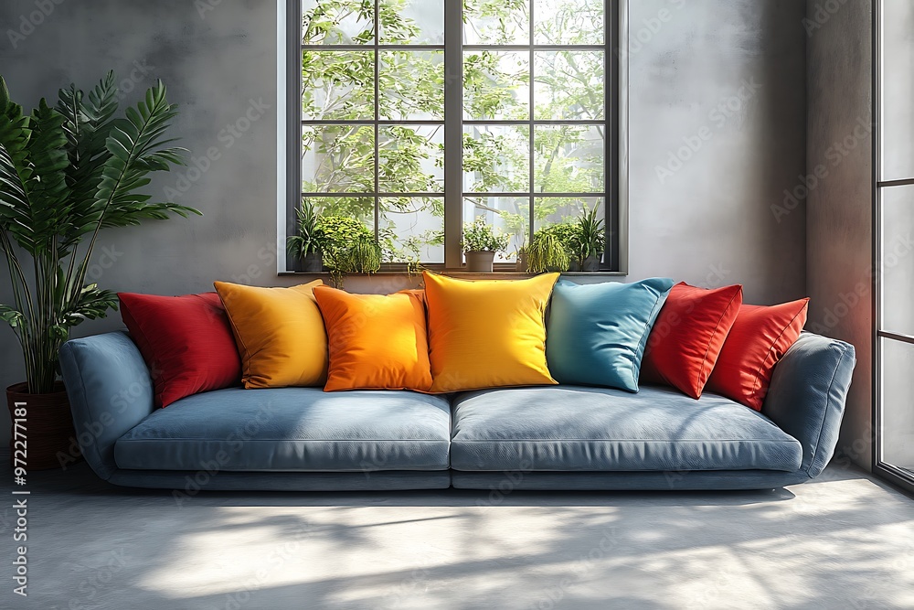 Fototapeta premium Minimalist interior design of modern living room with sofa with colorful pillows.