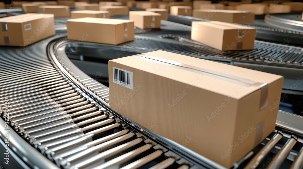 Cardboard boxes glide smoothly around a corner on a conveyor belt ...