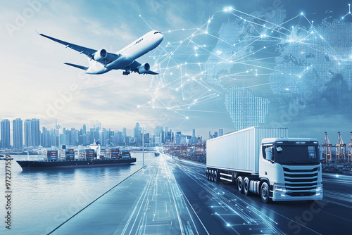 Transportation and logistics network distribution technology concept. logistics and supply chain management. Planning with real time visibility and control over optimized supply chain.
 photo