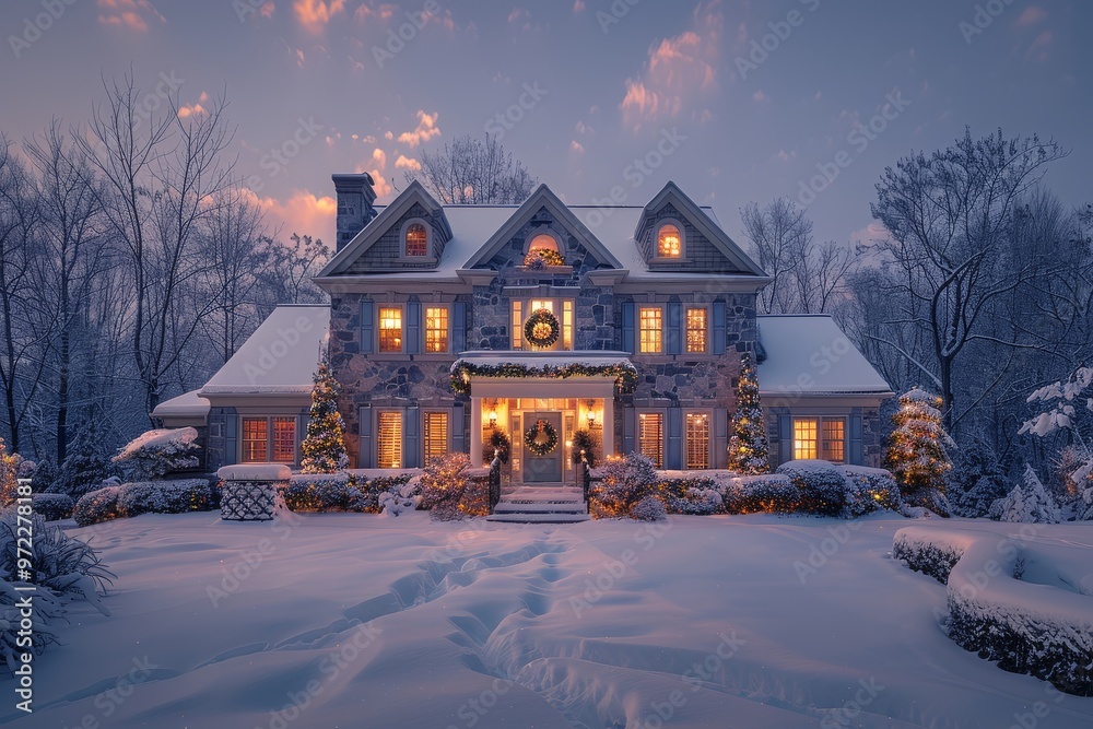 Elegant Two-Story Suburban Home Decorated for Christmas with Lights and Wreaths, Cozy Warm Light in Snowy Landscape Elegant Two-Story Suburban Home Decorated for Christmas with Lights and Wreaths, Cozy Warm Light in Snowy Landscape