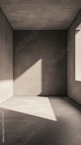 Empty room with a window providing natural lighting and casting shadows. Minimal residential interiors.