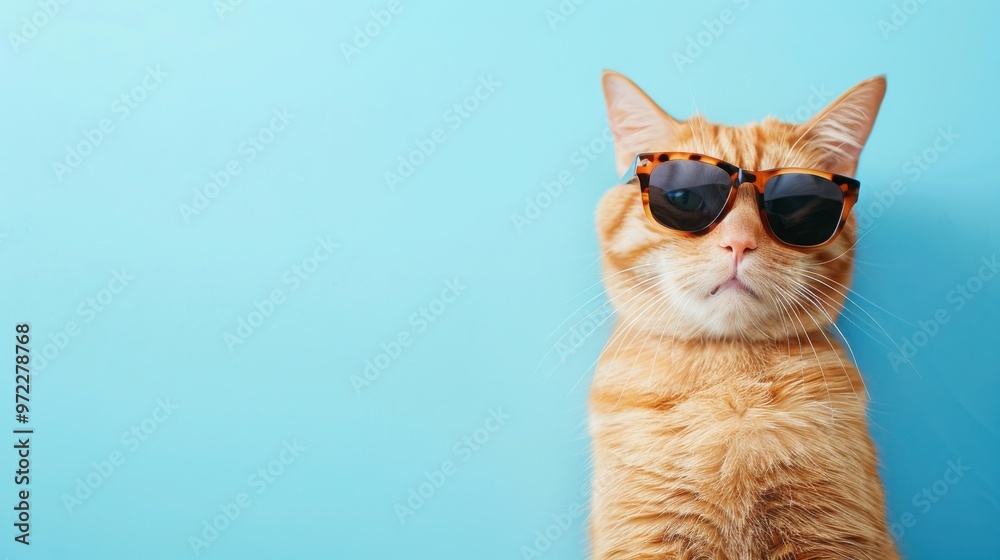 A ginger cat wearing sunglasses against a blue background A ginger cat wearing sunglasses against a blue background