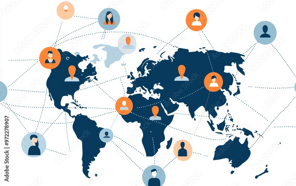 A world map dotted with AI icons and customer service avatars, connected by data lines symbolizing the efficiency of global outsourcing strategies A world map dotted with AI icons and customer service avatars, connected by data lines symbolizing the efficiency of global outsourcing strategies