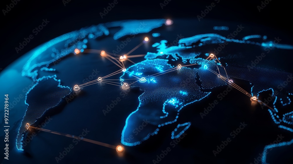 Obraz premium A world map with pulsating network lines connecting key business hubs, symbolizing the infrastructure of a global business networking strategy