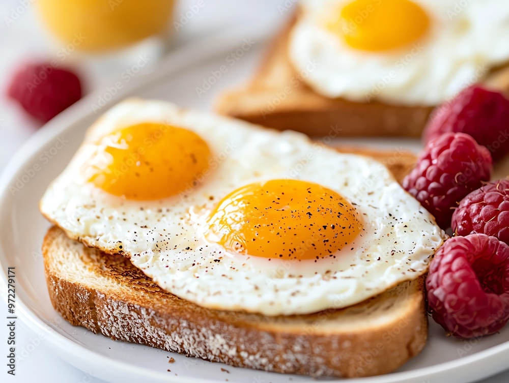 Fototapeta premium Breakfast spread with eggs, toast, and fruit, Monday morning, healthy and delicious