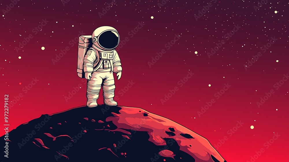 Fototapeta premium A lone astronaut stands on a red planet against a starry night sky.