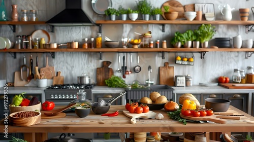 Rustic Kitchen Countertop with Fresh Vegetables and Cooking Ingredients