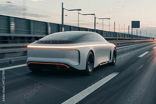 Futuristic vehicle with advanced aerodynamics and fuel-saving technology cruising on a highway. Innovation in automotive design, focused on efficiency, speed, and environmental sustainability.