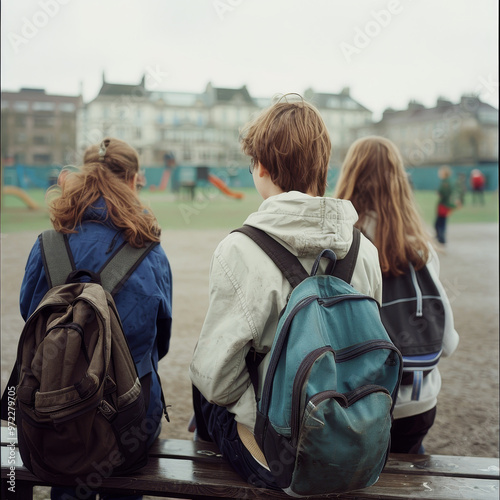 A group of teenagers skipping school, hanging out in a park during school hours, depicting truancy and its impact on education, with schoolbags on the ground and an empty playground nearby