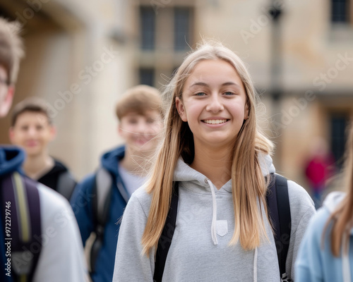 A group of teenagers visiting a university campus, representing aspirations for higher education and career goals, with a focus on learning and exploration