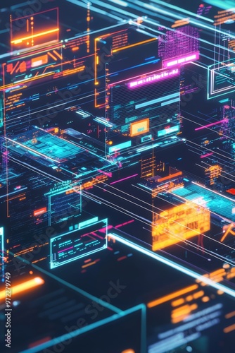 A digital landscape showing cross-platform integration with various communication tools and project management software. The scene includes synchronized updates and collaborative, Generative AI