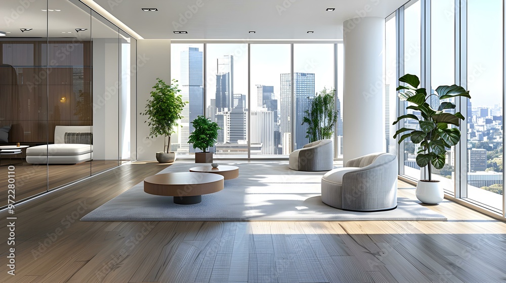 Fototapeta premium Modern Interior Design with City View Luxury Apartment Living