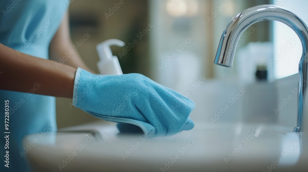 Close-Up of a Latina Housekeeper Cleaning a Bathroom Sink. Showcasing the Detailed Work and Precision Required to Maintain a Hygienic and Sparkling Environment Close-Up of a Latina Housekeeper Cleaning a Bathroom Sink. Showcasing the Detailed Work and Precision Required to Maintain a Hygienic and Sparkling Environment