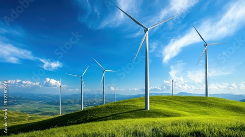 Wind turbines on green hills under a vibrant blue sky with fluffy clouds.