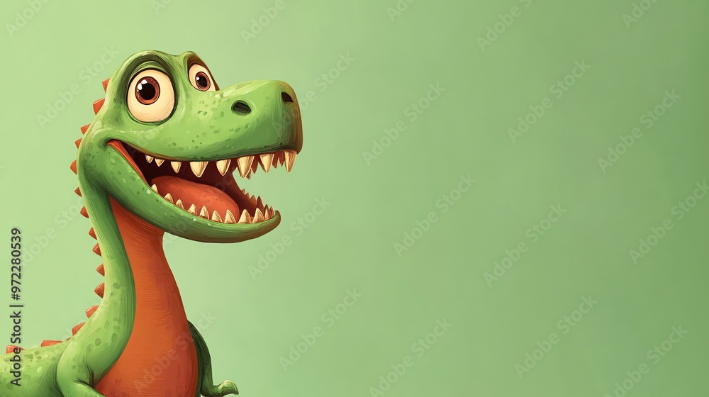 Fototapeta premium Smiling green cartoon dinosaur with big eyes.