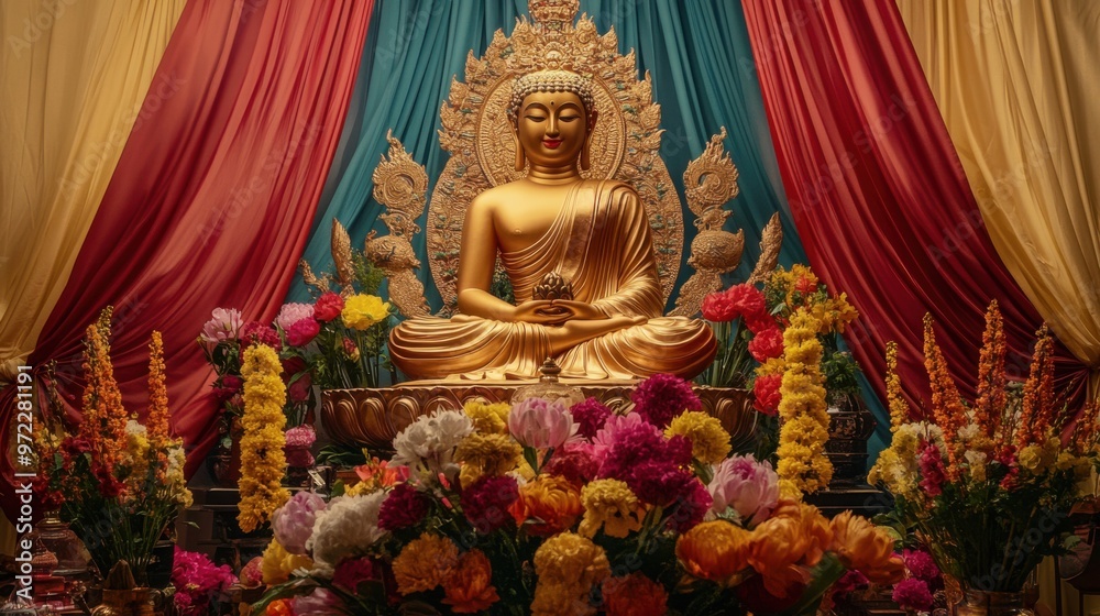 Fototapeta premium A large Taowesuwan statue surrounded by vibrant flowers and traditional ornaments,