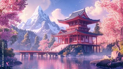 Lofi Beautiful Japanese Japan Buddhist Temple Shinto Shrine at Sea River with Cherry Blossom Sakura Architecture - Anime Manga Style Cozy Chill Relax Wallpaper Background
