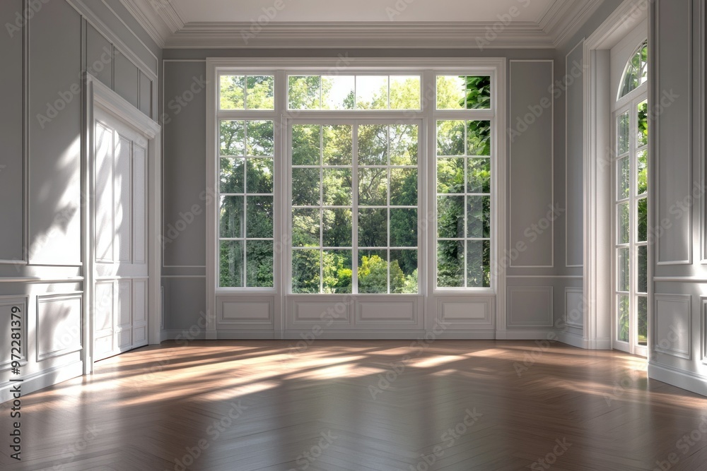 Elegant empty room, wooden floors and gray walls, white moulding and large window with nature view, gentle ambient lighting. Elegant empty room, wooden floors and gray walls, white moulding and large window with nature view, gentle ambient lighting.