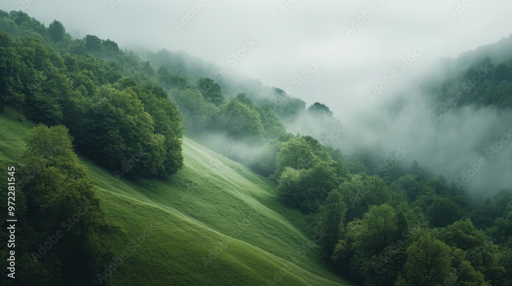 A lush green hillside gently sloping into a mysterious, fog-covered forest. A lush green hillside gently sloping into a mysterious, fog-covered forest.