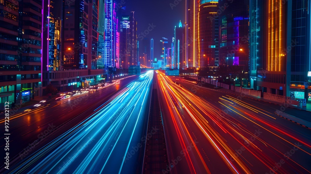 Naklejka premium Vibrant Cityscape with Light Trails at Night