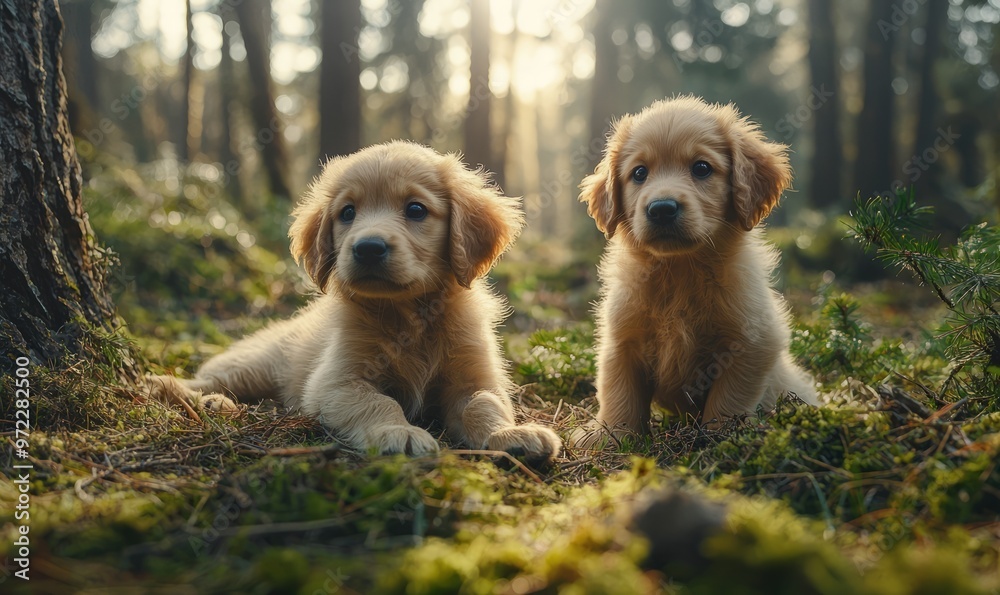 two golden retriever puppies resting on a mossy forest floor. The soft sunlight filtering through the trees creates a serene and warm atmosphere two golden retriever puppies resting on a mossy forest floor. The soft sunlight filtering through the trees creates a serene and warm atmosphere